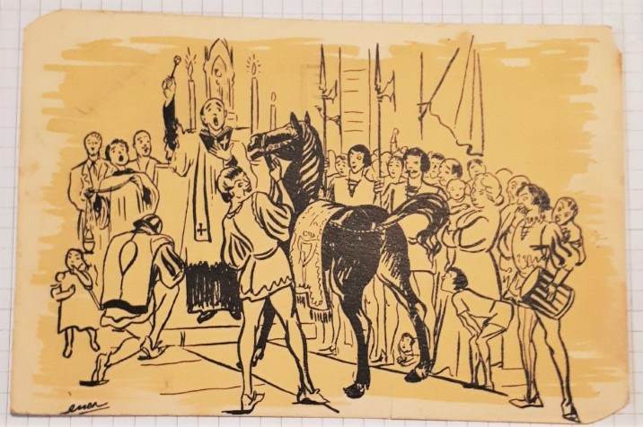 Cartolina illustrata umoristica del Palio di Siena Anno 1950